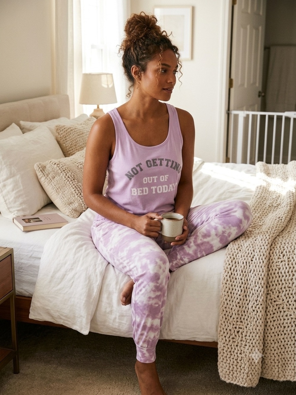 Women’s Cozy Lavender Tie~Dye Graphic “Not Getting Out Of Bed Today” Pajama Set